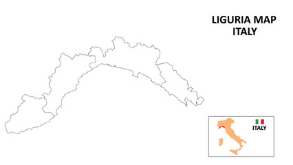 Liguria Map. State and district map of Liguria. Political map of Liguria with outline and black and white design. - obrazy, fototapety, plakaty
