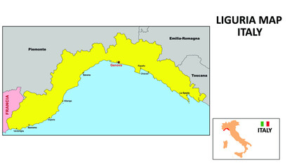 Liguria Map. State and district map of Liguria. Political map of Liguria with the major district