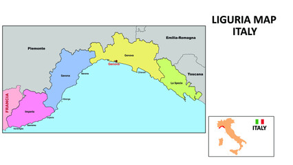 Liguria Map. State and district map of Liguria. Political map of Liguria with neighboring countries and borders. - obrazy, fototapety, plakaty