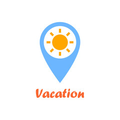 Summer vacation location marker icon. GPS map pointer icon with sun. Location pin icon. Vector illustration. - 504585168