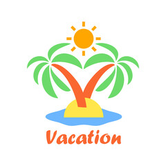 Two palm trees on the tropical paradise island, sun and sea. Vacation on the island, summer banner concept. Simple flat style. Vector illustration. - 504585169