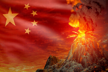 stratovolcano blast eruption at night with explosion on China flag background, troubles because of natural disaster and volcanic earthquake conceptual 3D illustration of nature