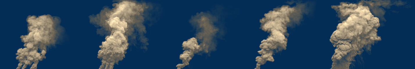5 dirty carbon dioxide smoke columns from power plant or factory on blue, isolated - industrial 3D rendering