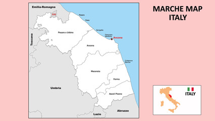 Marche Map. Political map of Marche with boundaries in white color.