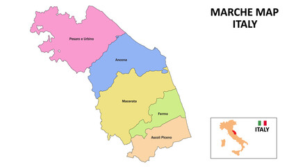 Marche Map. District map of Marche in District map of Marche in color with capital.