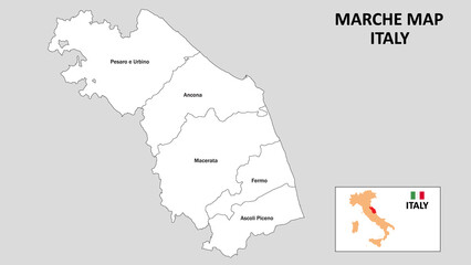 Marche Map. State and district map of Marche. Administrative map of Marche with district and capital in white color.