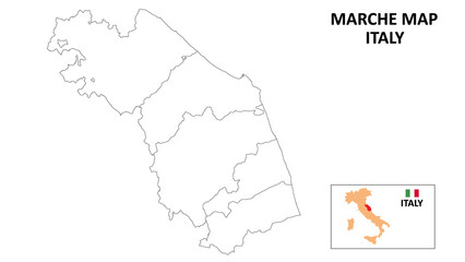 Marche Map. State and district map of Marche. Political map of Marche with outline and black and white design.