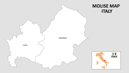 Molise Map. State and district map of Molise. Administrative map of Molise with district and capital in white color. - obrazy, fototapety, plakaty