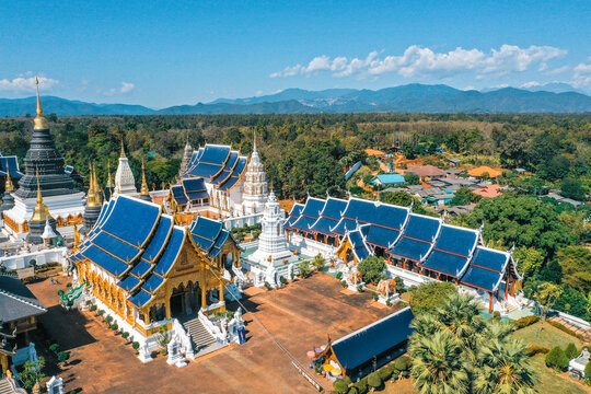 Aerial view of Wat Ban Den or Wat Banden complex temple in Mae Taeng District, Chiang Mai, Thailand
