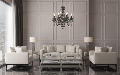 Fototapeta premium 3d illustration. Stylish classic living room in black and white with black marble floor and white furniture. Large classical chandelier. 3d rendering
