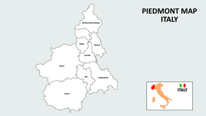 Piedmont Map. State and district map of Piedmont. Administrative map of Piedmont with district and capital in white color.