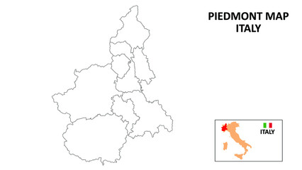 Piedmont Map. State and district map of Piedmont. Political map of Piedmont with outline and black and white design.