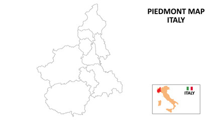 Piedmont Map. State and district map of Piedmont. Political map of Piedmont with outline and black and white design.
