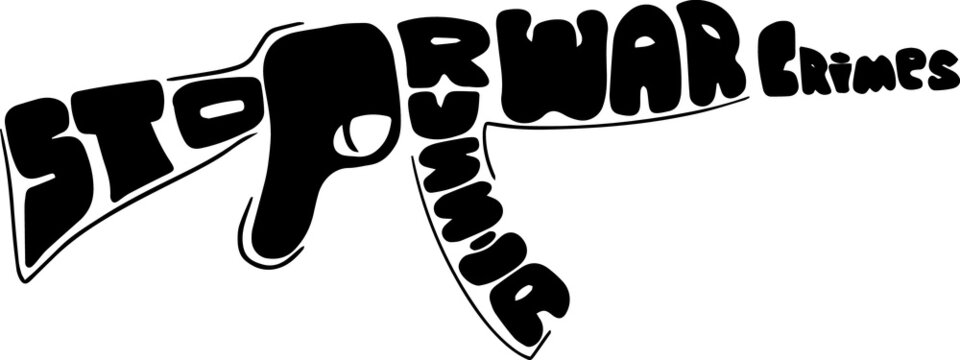 illustration of phrase on ak47 rifle silhouette stop russia war crimes