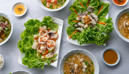 Thai Style Boiled Rice Soups wtih Fresh Seafood and Pork