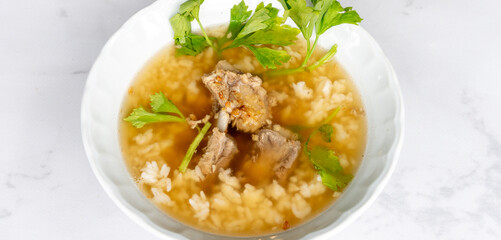 Thai Style Boiled Rice Soups wtih Fresh Seafood and Pork