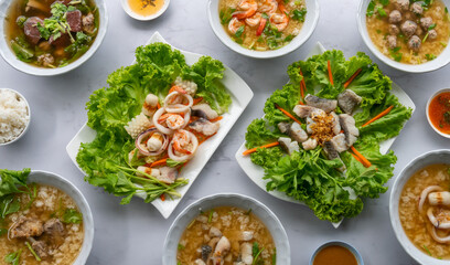 Thai Style Boiled Rice Soups wtih Fresh Seafood and Pork