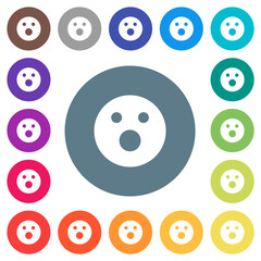 Shocked emoticon solid flat white icons on round color backgrounds