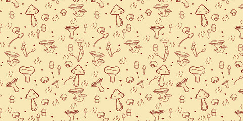 Fototapeta na wymiar Pattern with mushrooms and hearts. Pattern for food packaging, advertising, design
