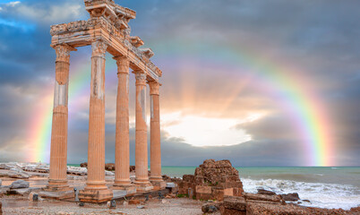 Temple of Apollo with amazing rainbow - Side, Antalya, Turkey