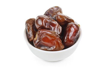 Dates on an isolated white background. Dates in a white bowl