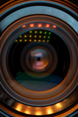 Professional camera photo lens. Details of glass, layer of enlightenment, aperture petals. Light...