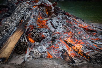 Large bonfire in nature. Close-up of a burning fire.