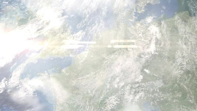 Earth zoom in from outer space to city. Zooming on Genk, Belgium. The animation continues by zoom out through clouds and atmosphere into space. Images from NASA