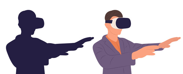 man in virtual reality glasses silhouette, on white background, isolated, vector