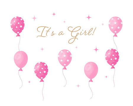 It's a girl baby shower, gender reveal greeting card with pink balloons. Vector illustration