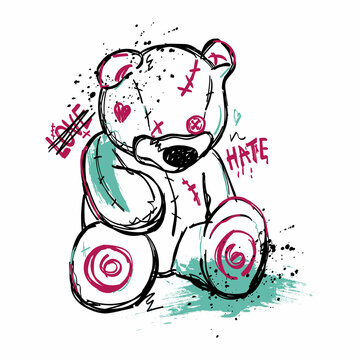 Print for T-shirts with the image of a sad bear in sketch style with the words "love" and "hate". Vector illustration.