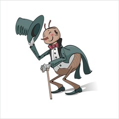 flea insect cartoon in ancient human clothes in a tailcoat and with a butterfly in shoes and with a walking stick takes off his top hat welcomes you