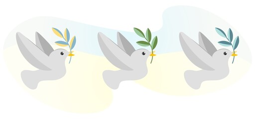Fototapeta na wymiar Set of three peace doves with decorative branches. A flying dove, a proud bird with an olive branch. The symbol of peace floating in the clouds. Vector. The concept of freedom, happiness, positivity