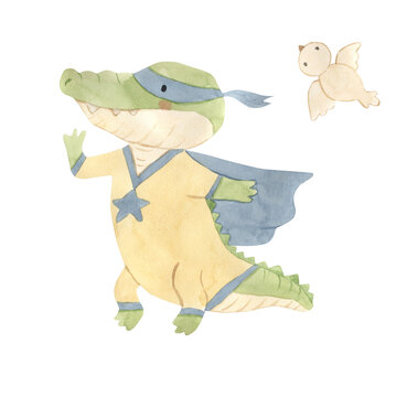 Crocodile superhero and bird. Watercolor illustration for  kids