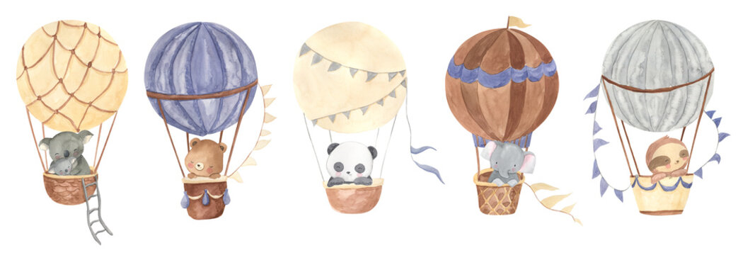 Watercolor panda, koala, sloth, bear, elephant on hot air balloon illustration for kids