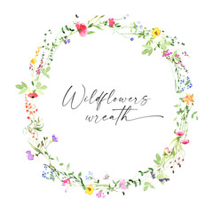 Watercolor wildflowers meadow wreath on white background. Hand drawn illustration. Rustic style template for wedding design, birthday invitation, greeting card - obrazy, fototapety, plakaty
