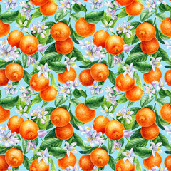 Seamless floral pattern. Background of orange fruits. Flowers, leaves. Watercolor botanical design for fabric, textile