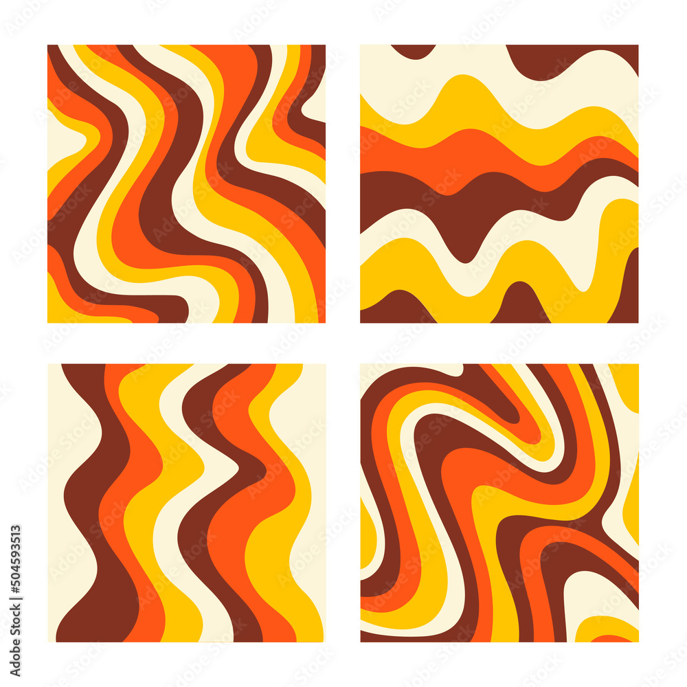Poster Abstract set square backgrounds with colorful waves. Trendy vector illustration in style retro 60s, 70s. Red, yellow and brown colors
