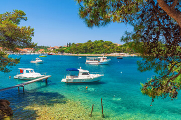 Popular touristic resort Cavtat town near Dubrovnik in Croatia with turquoise water bay with yachts.