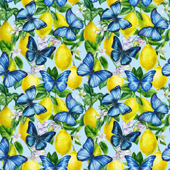 Citrus fruit lemons with green leaves, flowers and blue butterfly. Hand drawn watercolor painting. seamless pattern