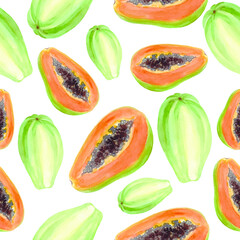 Papaya watercolor pattern on white. Sweets fruit. Vector illustration