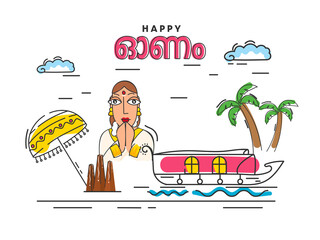 Malayalam Lettering Of Happy Onam With South Indian Woman Doing Namaste, Doodle Style Olakkuda (Umbrella), Thrikkakara Appan Idol, Boat And Palm Tree On White Background.