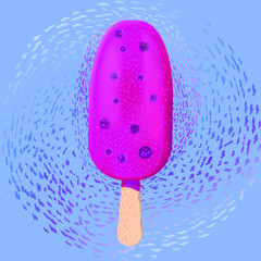 The berry popsicle with berries on a light blue background. Pink fruit ice cream on wooden stick realistic vector illustration. 3d image popsicle refreshing traditional summer sweetness.