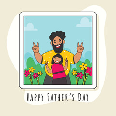 Happy Father's Day Greeting Card With Cheerful Man And His Daughter Giving Peace Sign On Square Frame And Beige Background.