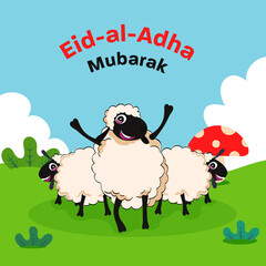 Eid Al Adha Mubarak Poster Design With Funny Three Sheep, Mushroom On Green And Blue Background.