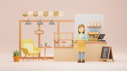Successful owner small business cakes and coffee shop cafe young woman happy smiling wearing apron standing in bar counter open sign board. 3d rendering.