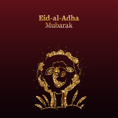 Golden Eid Al Adha Mubarak Font With Glittering Effect Sheep Against Dark Red Background.