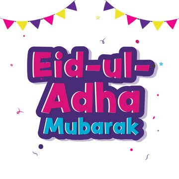 Sticker Style Eid Ul Adha Mubarak Font And Bunting Flags On White Background.