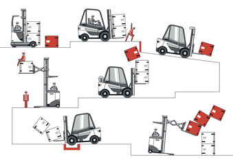 Forklift workplace hazards. Concept of safe forklift operation with potential hazards marked in red. Vector. © norsob