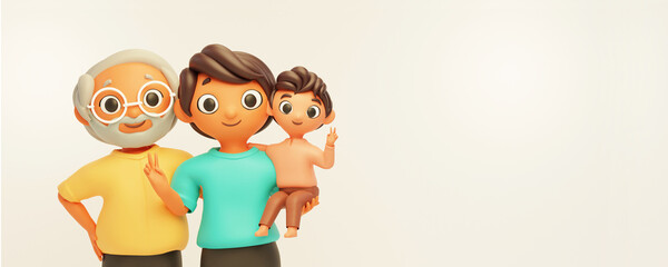 3D Illustration Of Man Holding Son In His Arms With Father Standing Together And Copy Space On White Background.